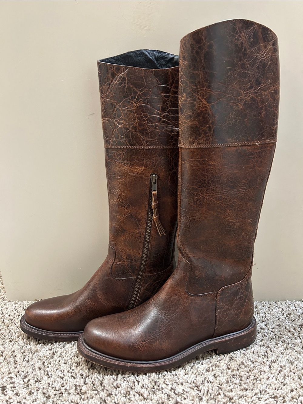Lucchese Distressed Brown Leather Tall Zip Riding Boots